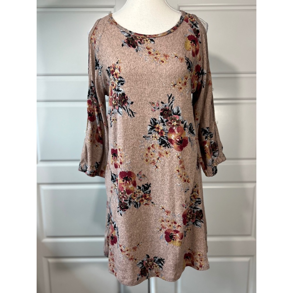 Trixxi Floral Print Cold Shoulder 3/4 Sleeve Dress Women's Medium Pink Beige